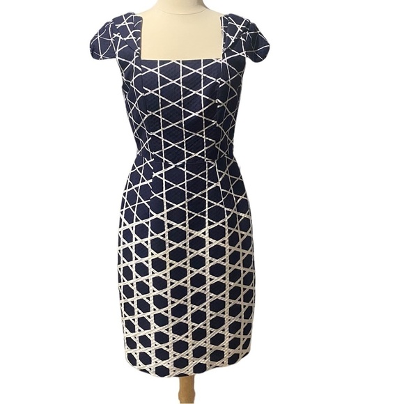 Blue/White David Meister Short-Sleeved Midi Cocktail Dress-size 4 - Picture 1 of 6